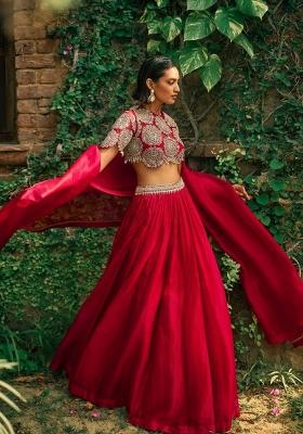 Red Embroidery Silk Lehenga Set