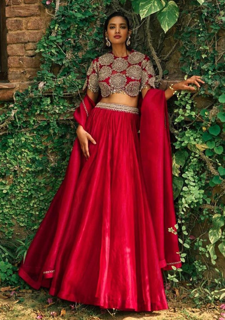 Red Embroidery Silk Lehenga Set - Indya