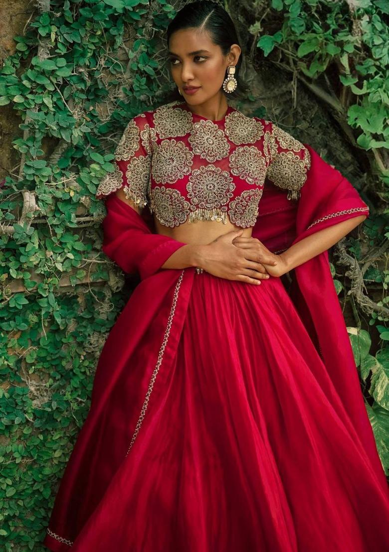 Red Embroidery Silk Lehenga Set - Indya