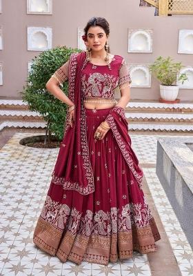 Maroon Embroidery Vichitra Lehenga Set