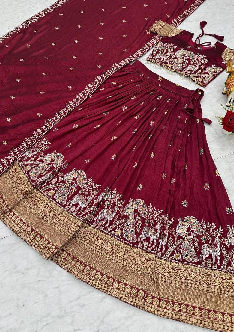 Maroon Embroidery Vichitra Lehenga Set - Indya