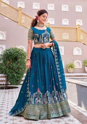 Blue Embroidery Vichitra Lehenga Set