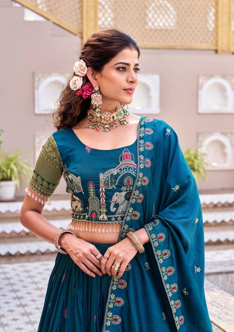 Blue Embroidery Vichitra Lehenga Set - Indya