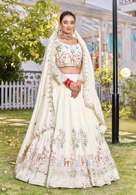 White Embroidery Vichitra Lehenga Set