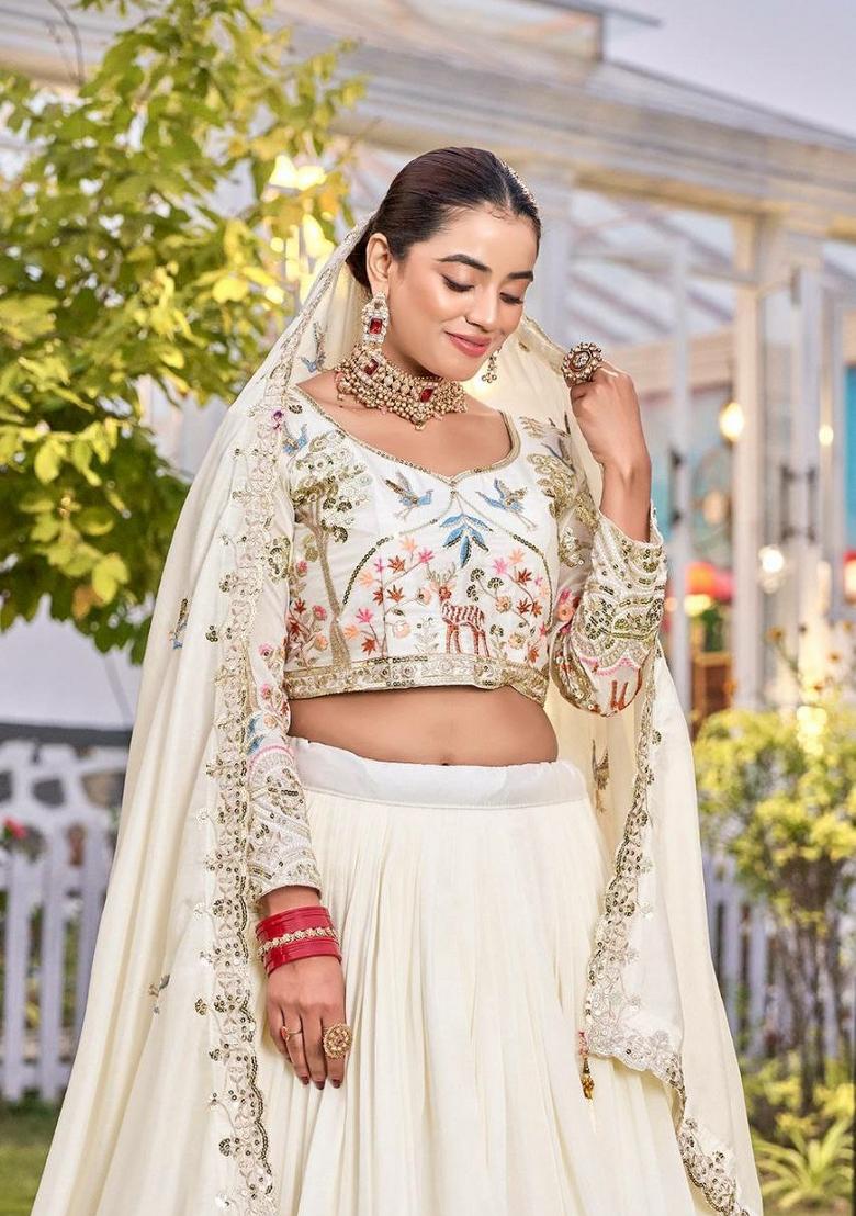 White Embroidery Vichitra Lehenga Set - Indya