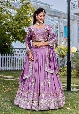 Purple Embroidery Vichitra Lehenga Set