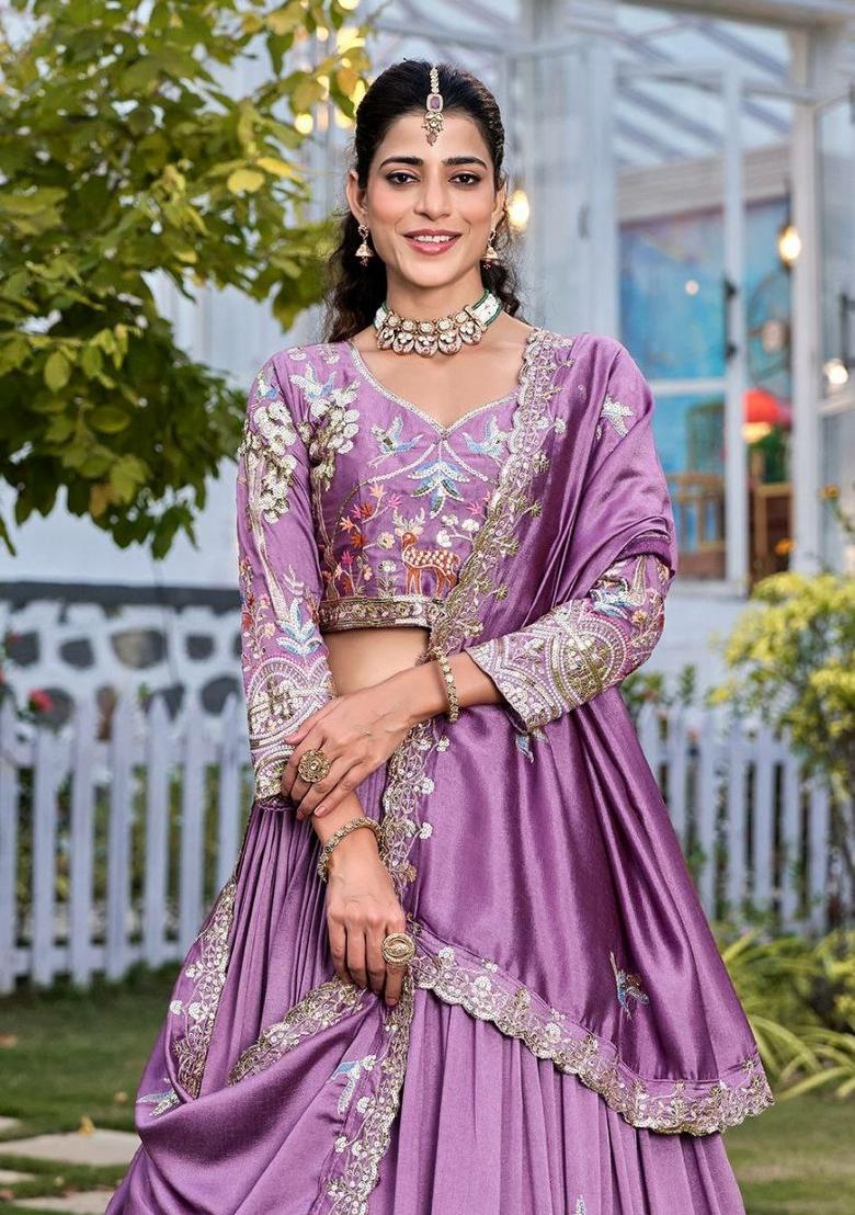 Purple Embroidery Vichitra Lehenga Set - Indya