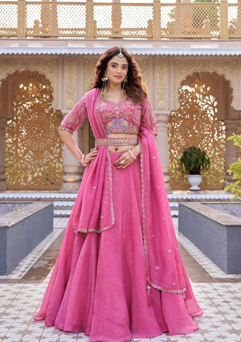 Purple Embroidery Crunchy Lehenga Set - Indya