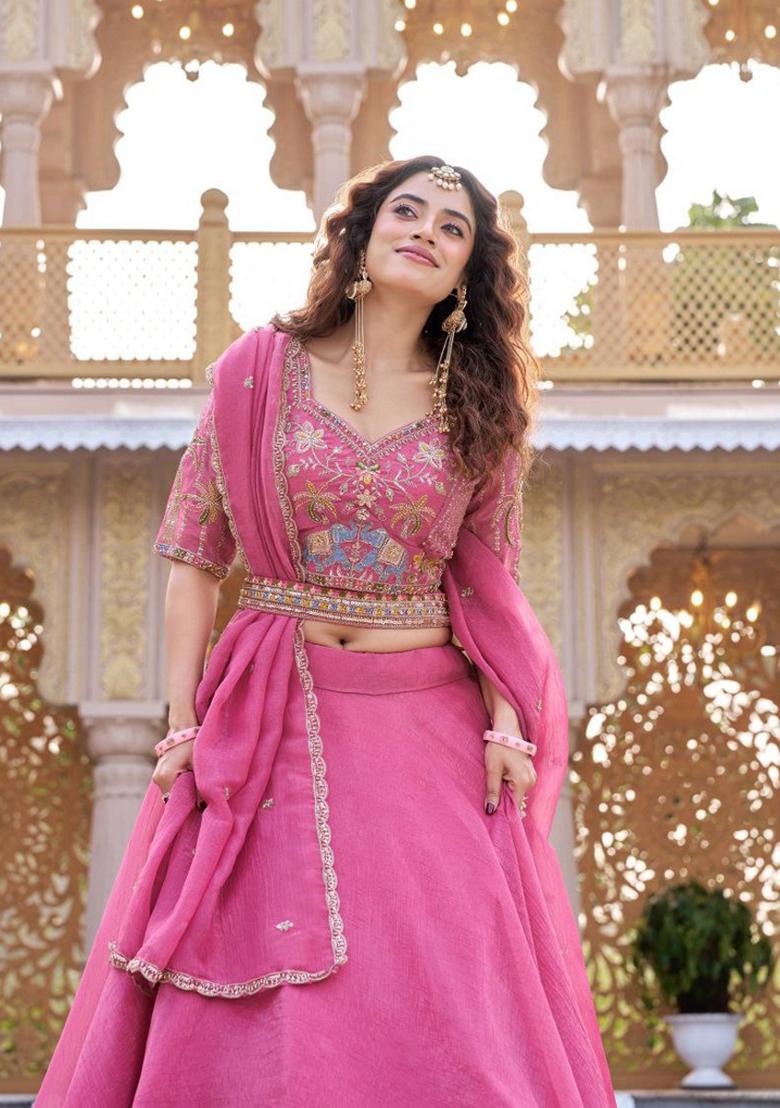 Purple Embroidery Crunchy Lehenga Set - Indya