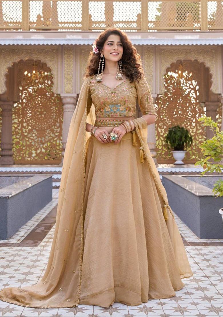 Brown Embroidery Crunchy Lehenga Set - Indya
