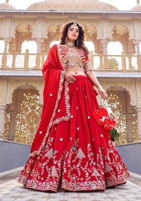Red Embroidery Vichitra Lehenga Set