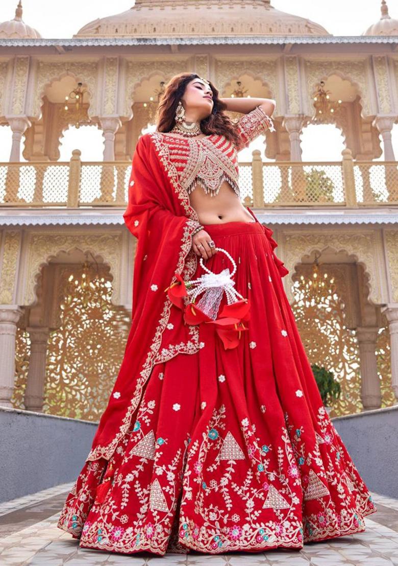 Red Embroidery Vichitra Lehenga Set - Indya