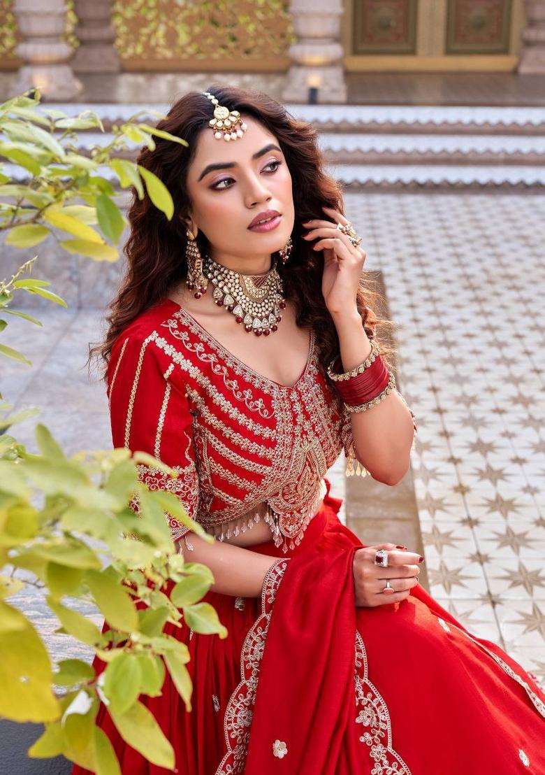 Red Embroidery Vichitra Lehenga Set - Indya