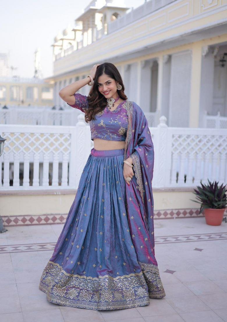 Blue Embroidery Silk Lehenga Set - Indya