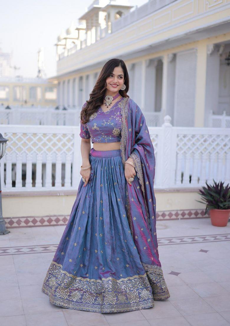 Blue Embroidery Silk Lehenga Set - Indya