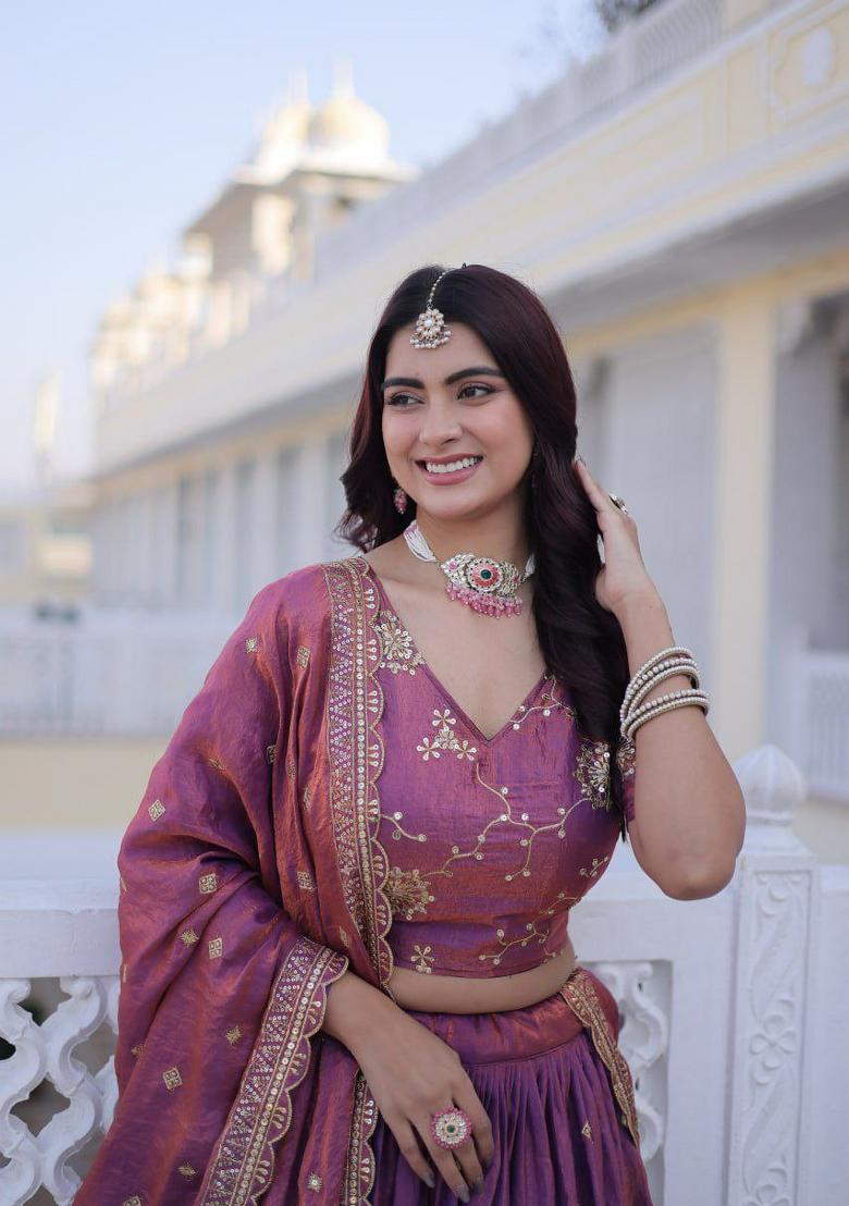 Purple Embroidery Silk Lehenga Set - Indya