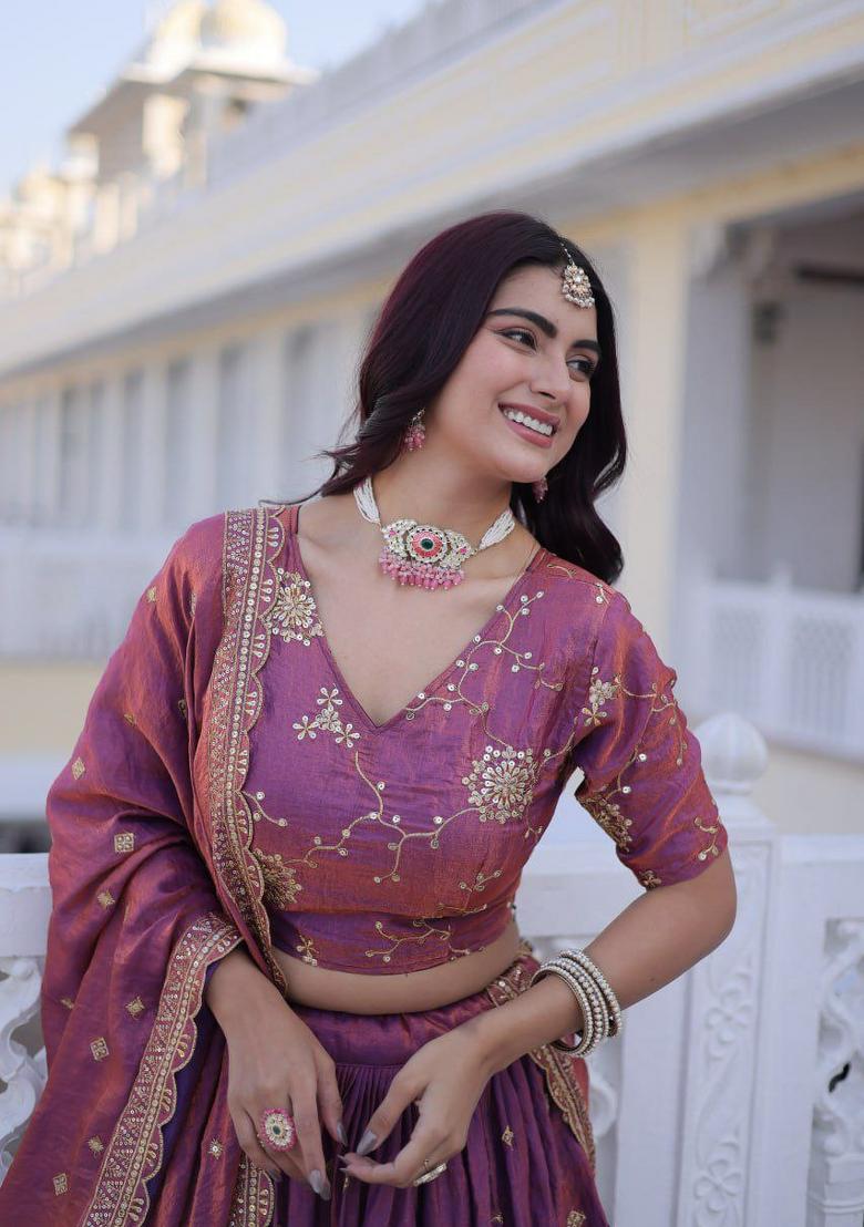 Purple Embroidery Silk Lehenga Set - Indya