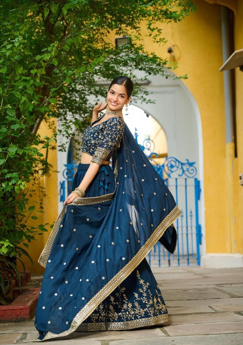 Blue Embroidery Silk Lehenga Set - Indya