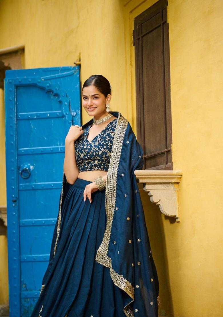 Blue Embroidery Silk Lehenga Set - Indya