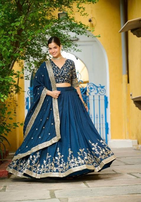 Blue Embroidery Silk Lehenga Set — view on Indya