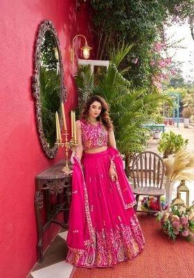 Pink Embroidery Vichitra Lehenga Set