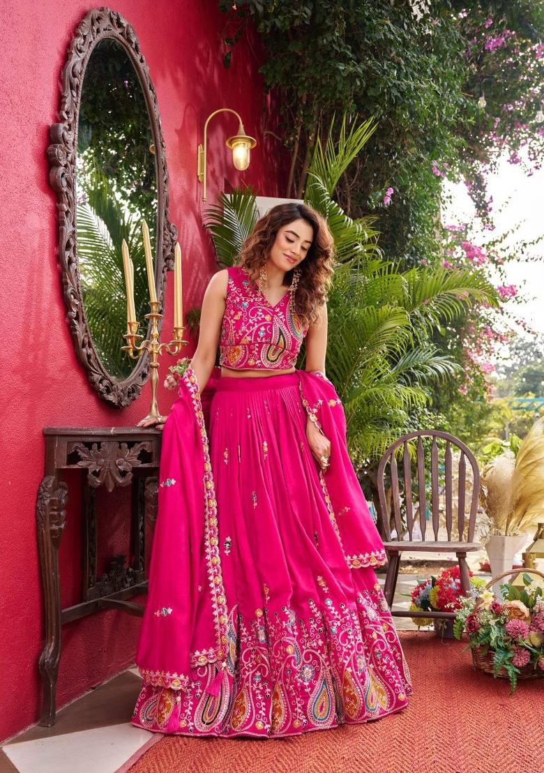 Pink Embroidery Vichitra Lehenga Set - Indya