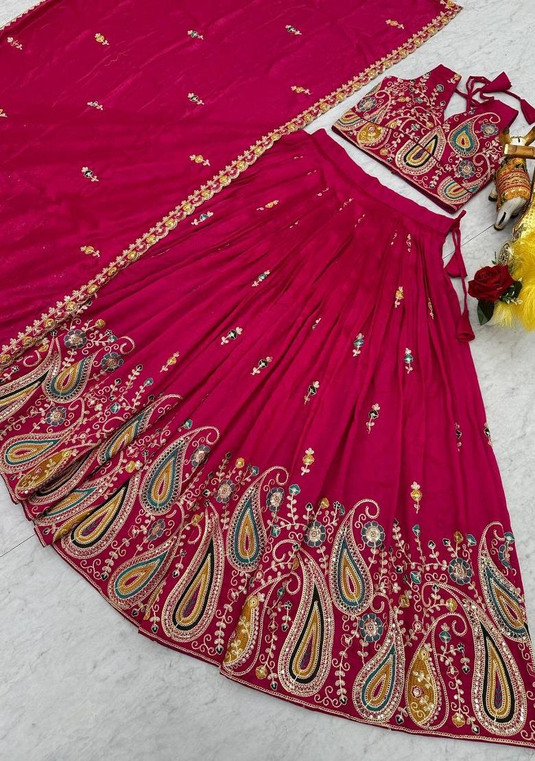 Pink Embroidery Vichitra Lehenga Set - Indya