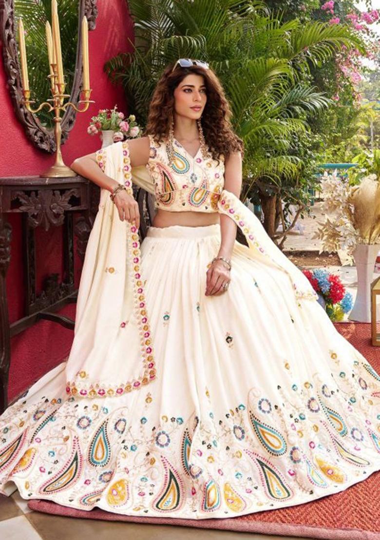 White Embroidery Vichitra Lehenga Set - Indya