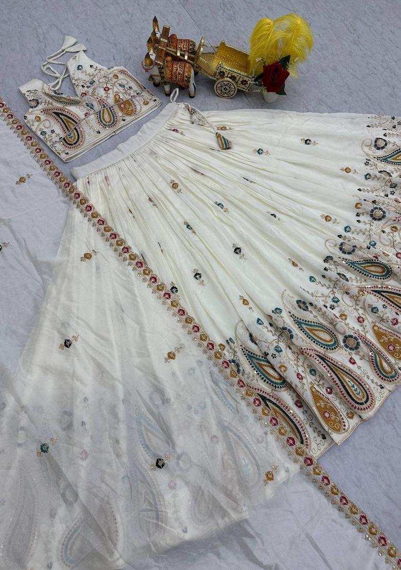 White Embroidery Vichitra Lehenga Set - Indya