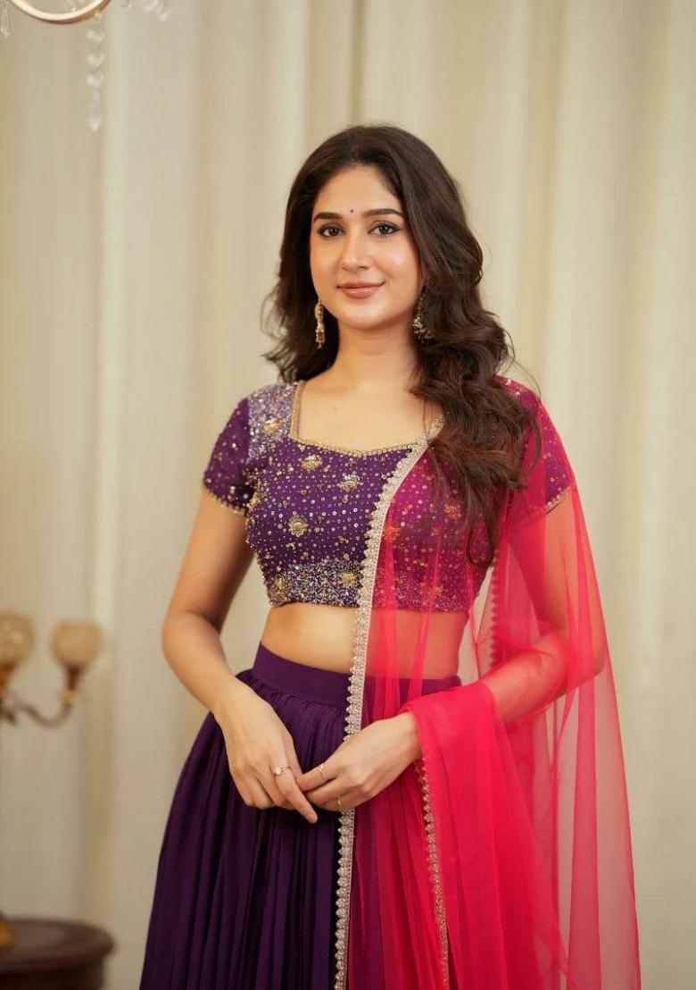 Purple Embroidery Georgette Lehenga Set - Indya