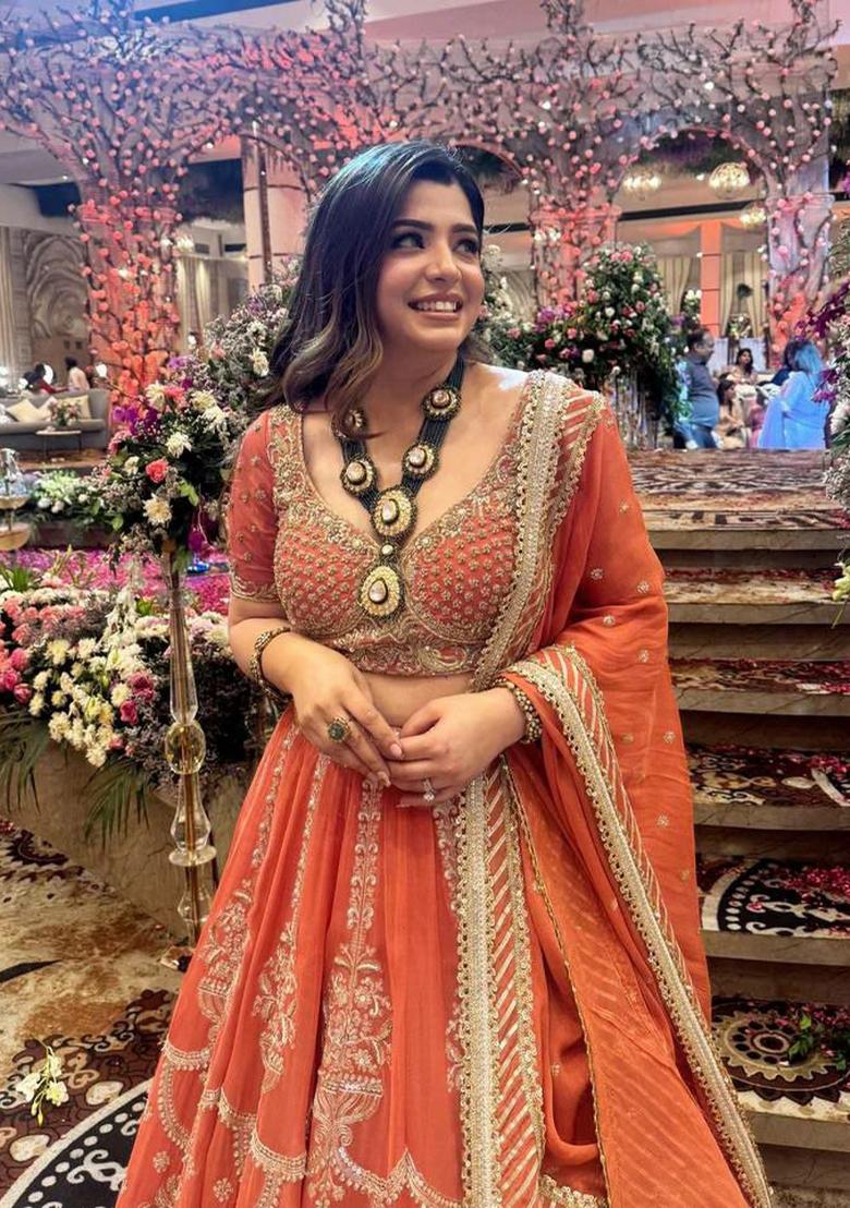 Orange Embroidery Georgette Lehenga Set - Indya