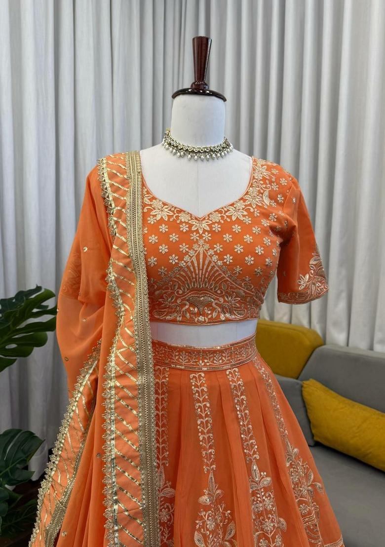 Orange Embroidery Georgette Lehenga Set - Indya