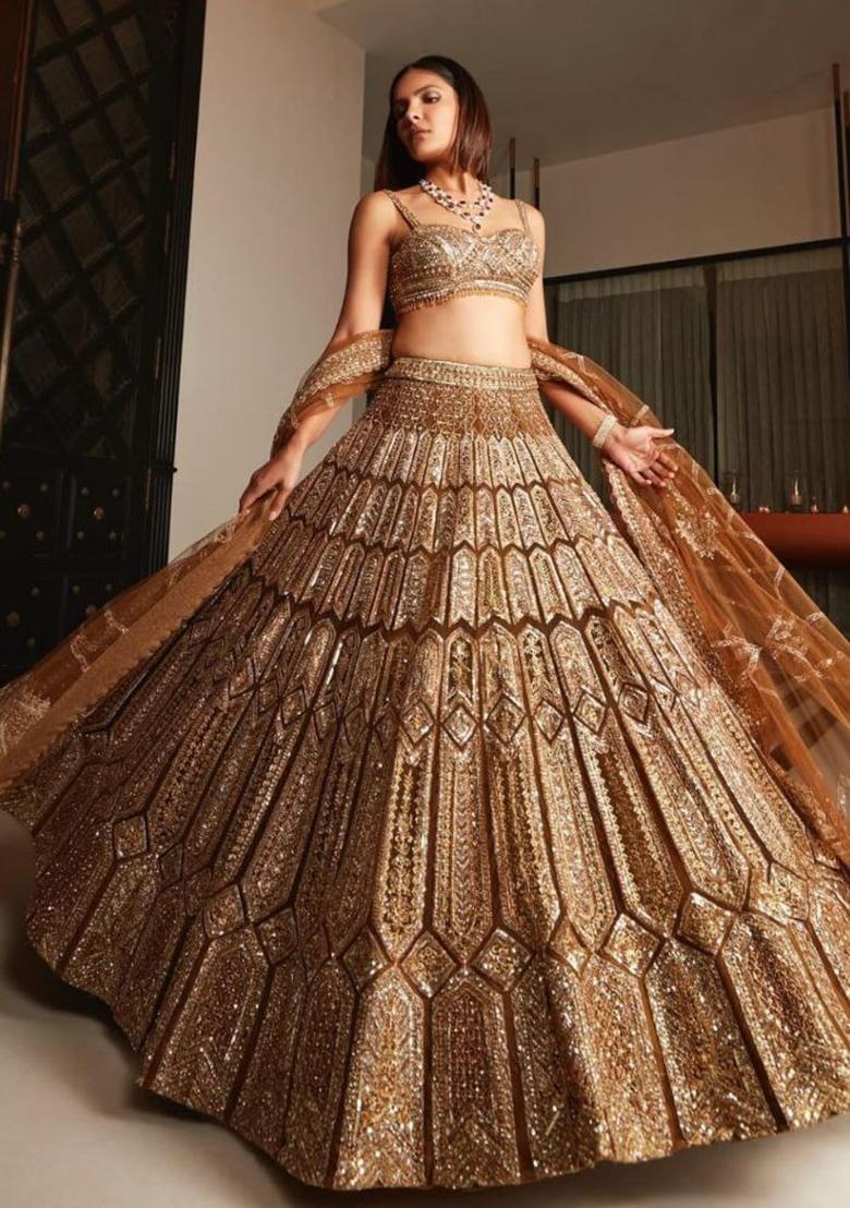 Gold Embroidery Silk Lehenga Set - Indya