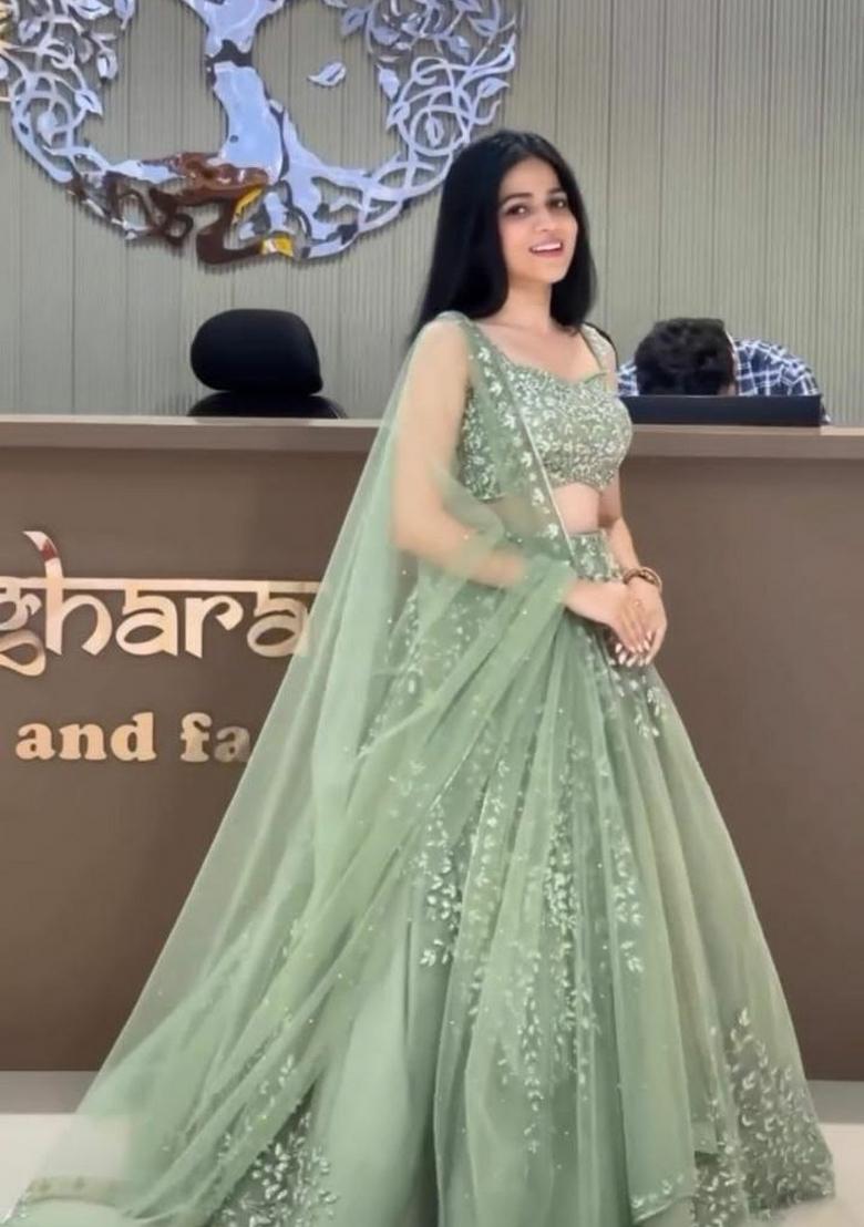 Green Embroidery Net Lehenga Set - Indya