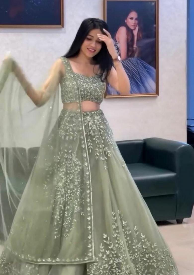 Green Embroidery Net Lehenga Set - Indya