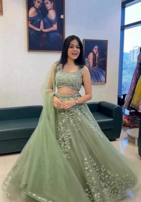 Green Embroidery Net Lehenga Set — view on Indya