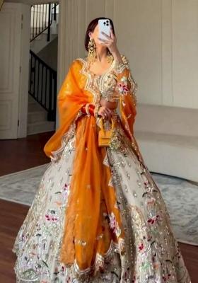 Beige Embroidery Silk Lehenga Set