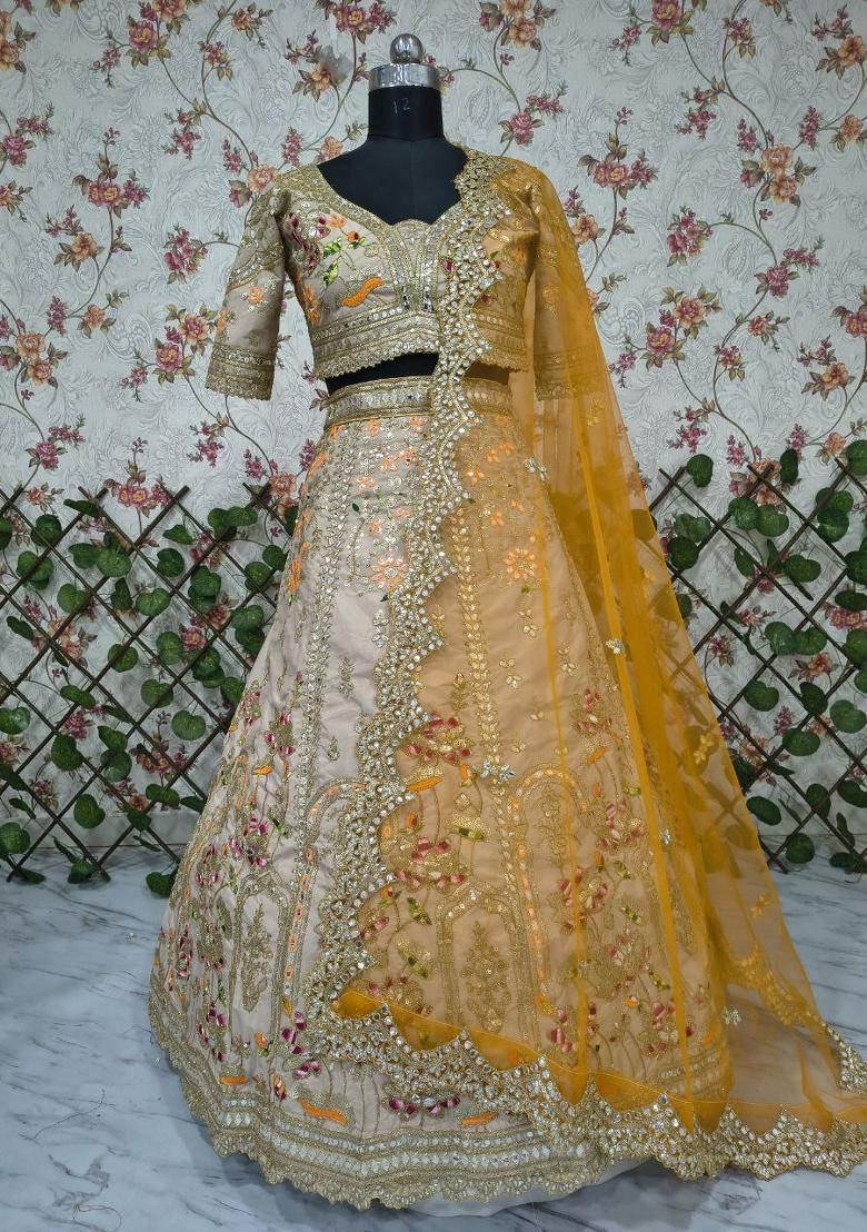 Beige Embroidery Silk Lehenga Set - Indya