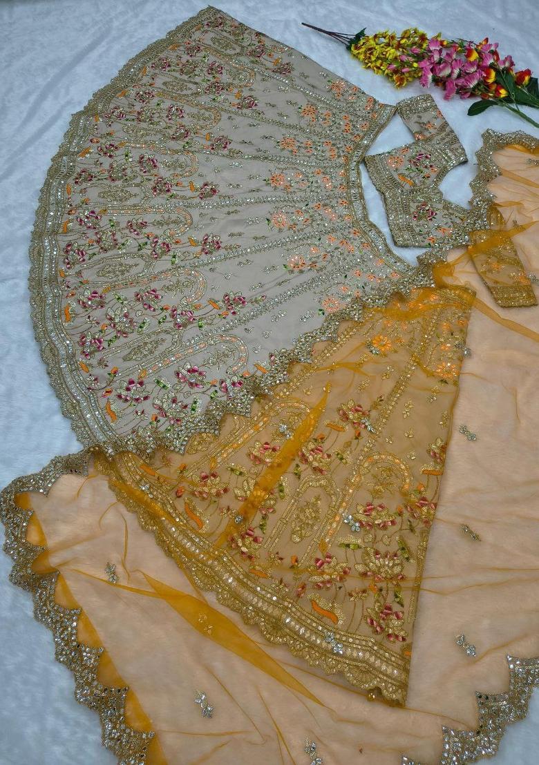 Beige Embroidery Silk Lehenga Set - Indya