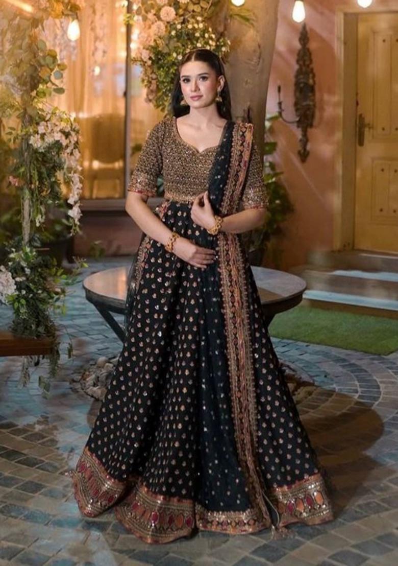 Black Embroidery Silk Lehenga Set - Indya