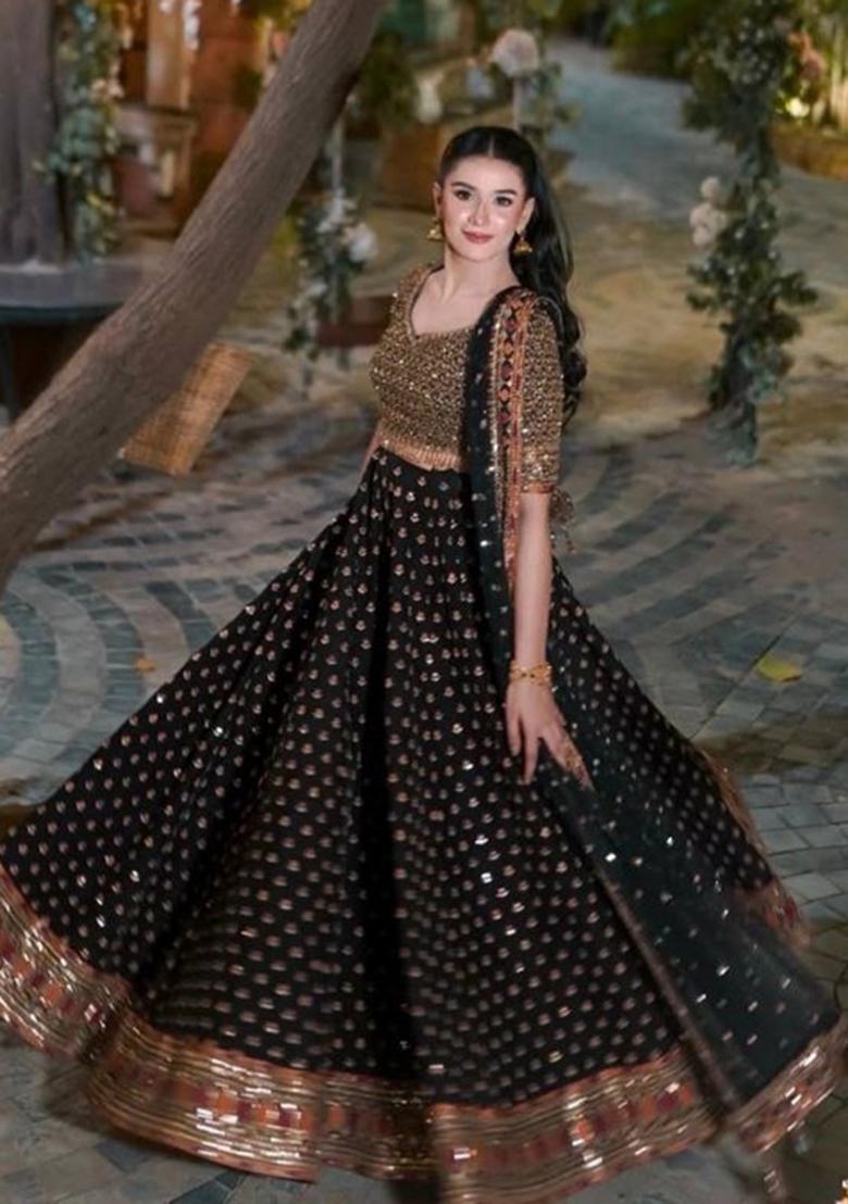 Black Embroidery Silk Lehenga Set - Indya