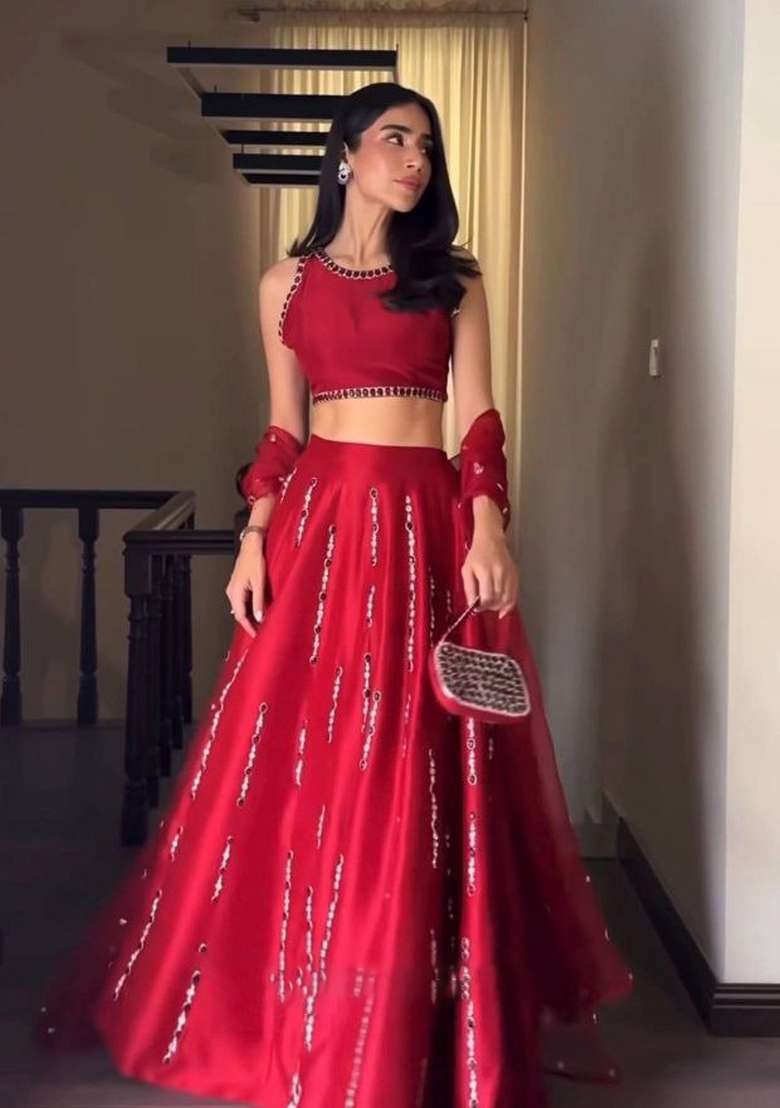 Red Embroidery Silk Blend Lehenga Set for Diwali and Festive Wear - Indya