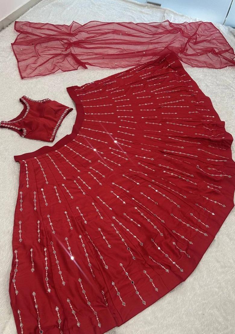Red Embroidery Silk Lehenga Set - Indya
