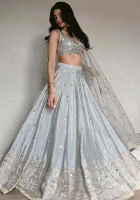 Grey Embroidery Satin Lehenga Set