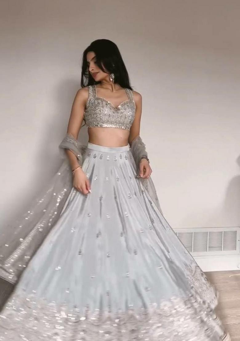 Grey Embroidery Satin Lehenga Set - Indya