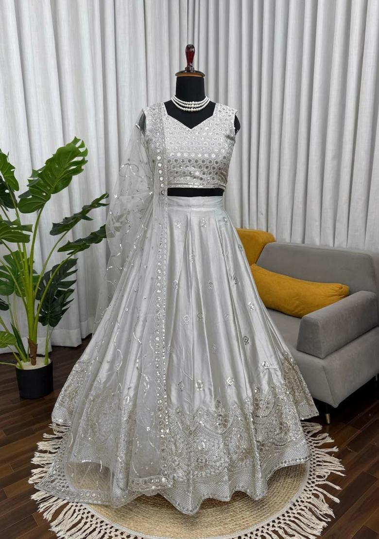 Grey Embroidery Satin Lehenga Set - Indya