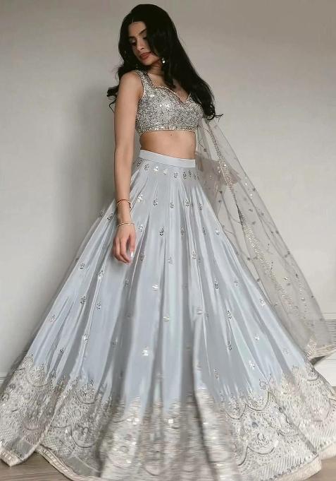Grey Embroidery Satin Lehenga Set