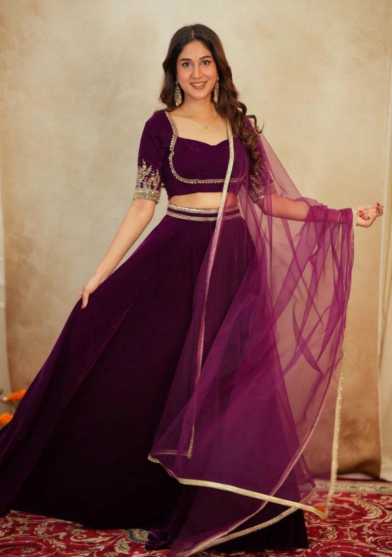 Purple Embroidery Velvet Lehenga Set - Indya