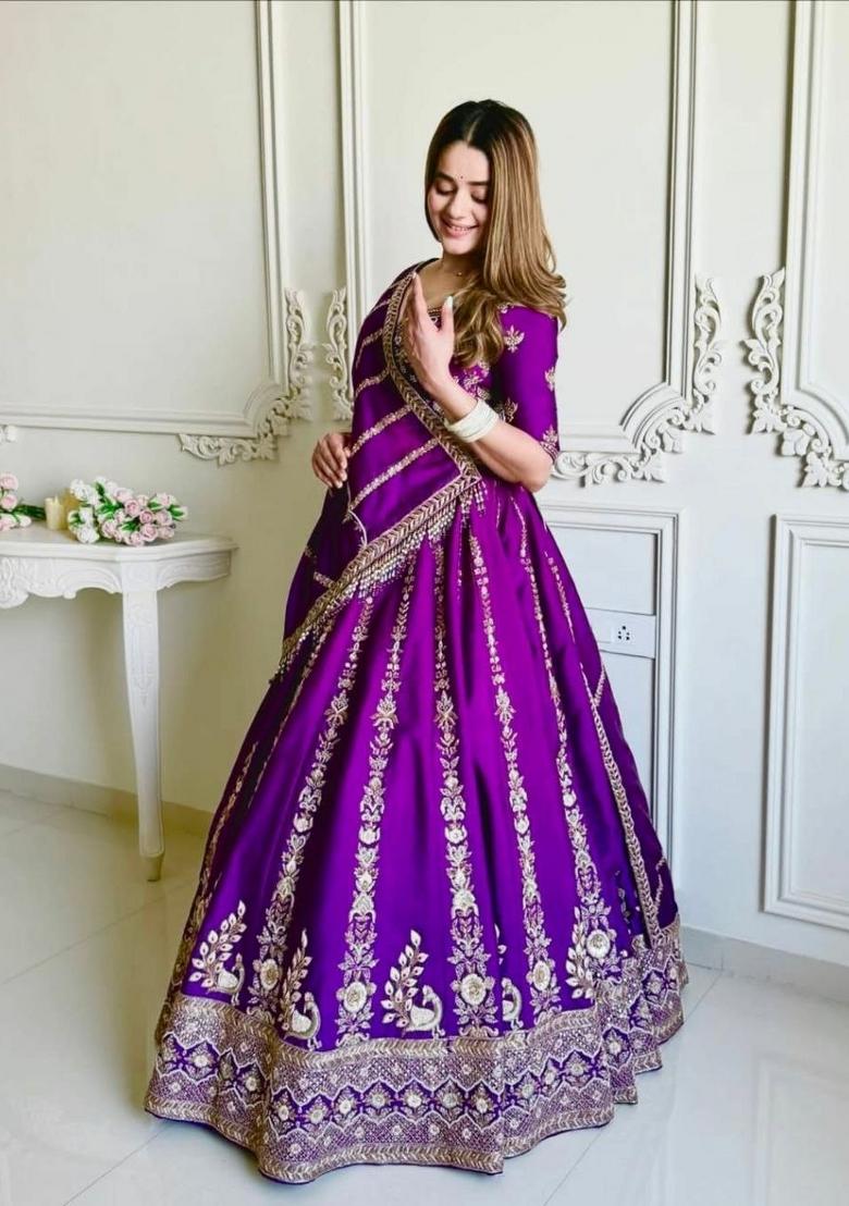 Purple Embroidery Silk Lehenga Set - Indya