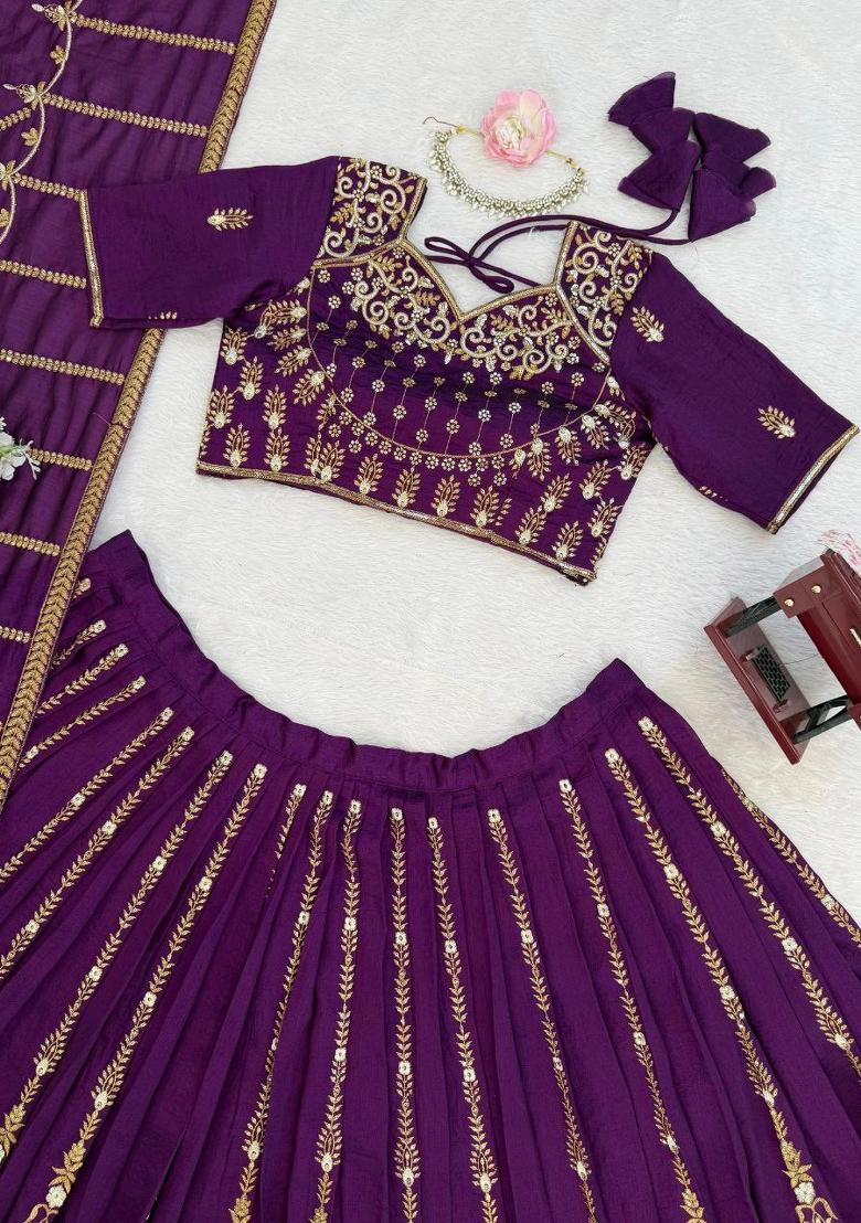 Purple Embroidery Silk Lehenga Set - Indya